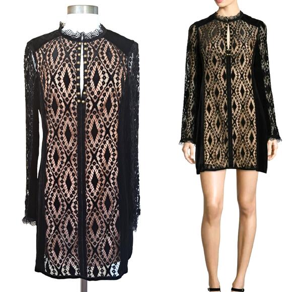 NANETTE LEPORE Lacy Lady Back Lace Velvet Mini Dress Size 8 Long Sleeve $598 - Picture 1 of 14